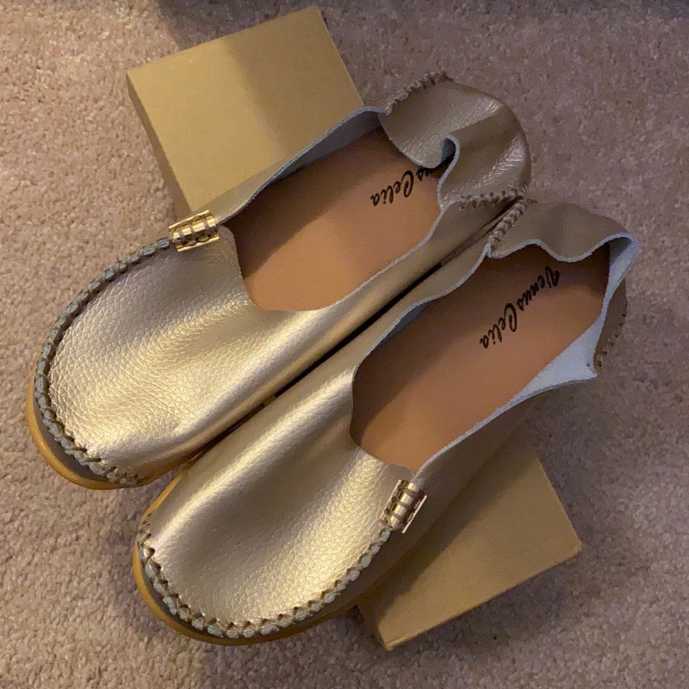 NWOT Pewter Moccasin Style Mules w/ Gold Detailing